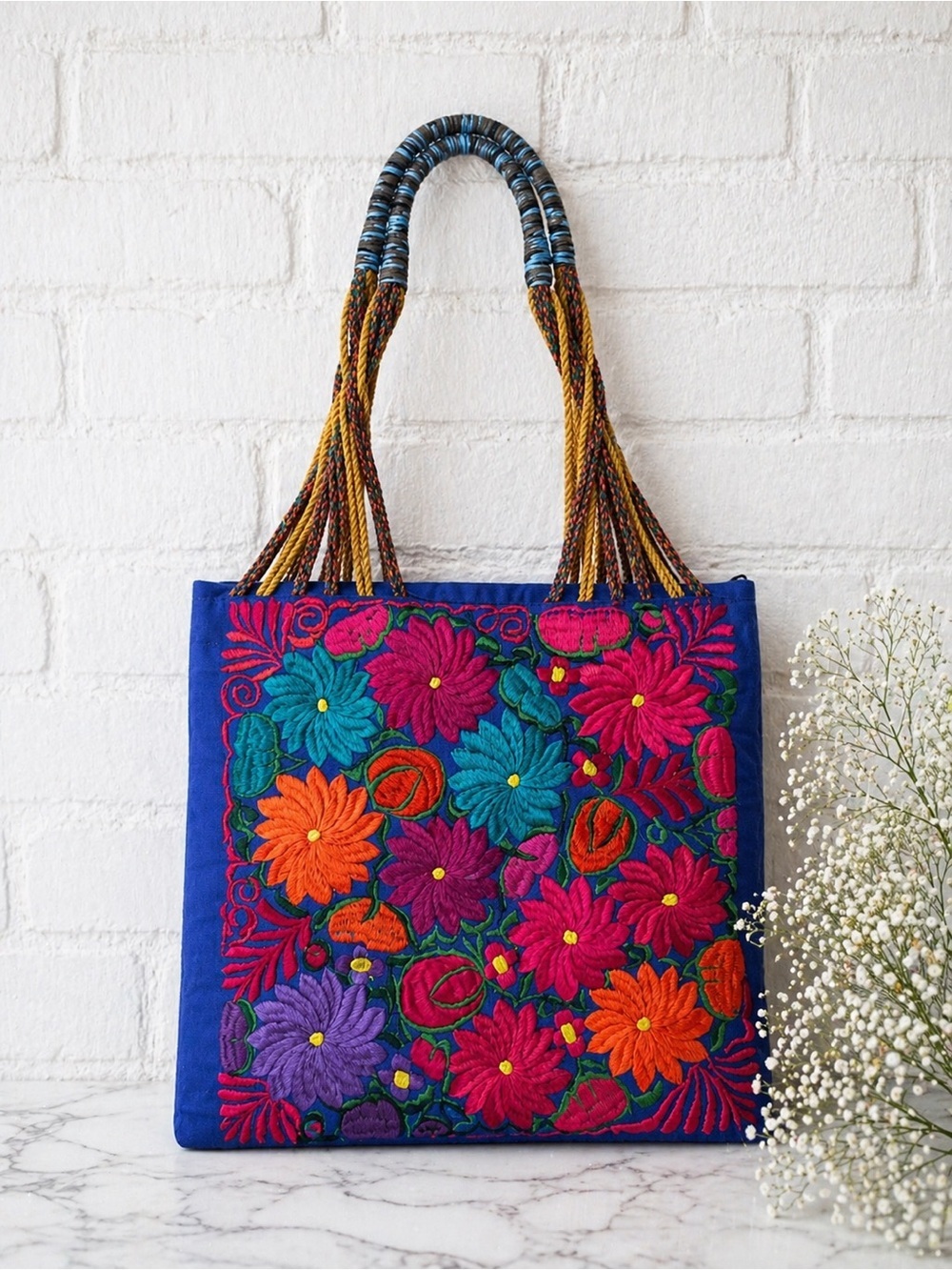 Embroidered Floral Tote Bag Boho Mexican Artisan Zip Top